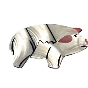 Mother Of Pearl Pig Brooch Pin 2.5” White Piglet Pink Ears Nose Cheek Vintage